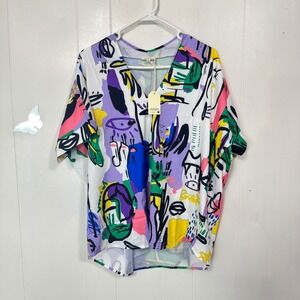JODIFL Los Angeles Artsy Colorful Print V Neck Top Size Small Short Sleeve New